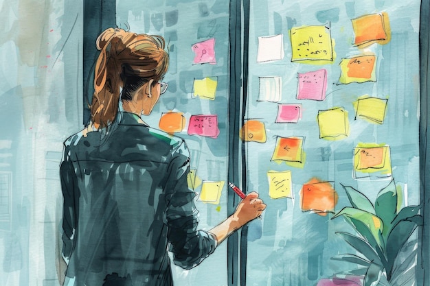 Foto uma mulher olhando para post colorido ele anota em uma janela adequado para escritório ou conceitos de organização