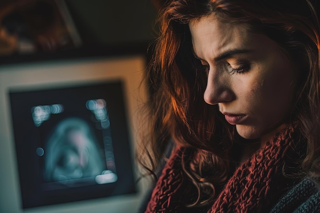 Foto uma mulher olhando para uma imagem de raios-x em um monitor