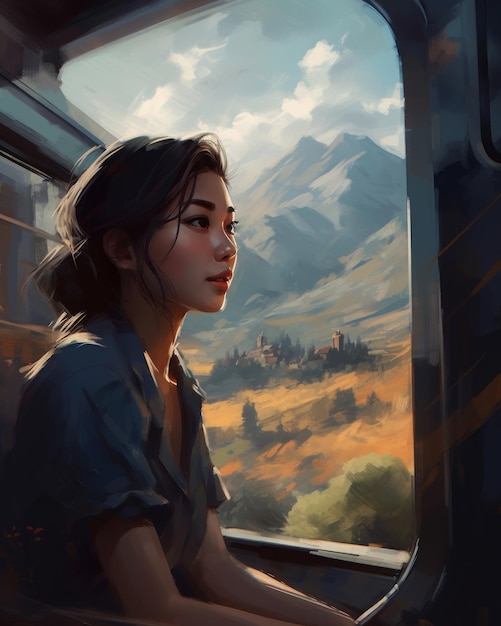 Uma mulher olhando pela janela com montanhas ao fundo.