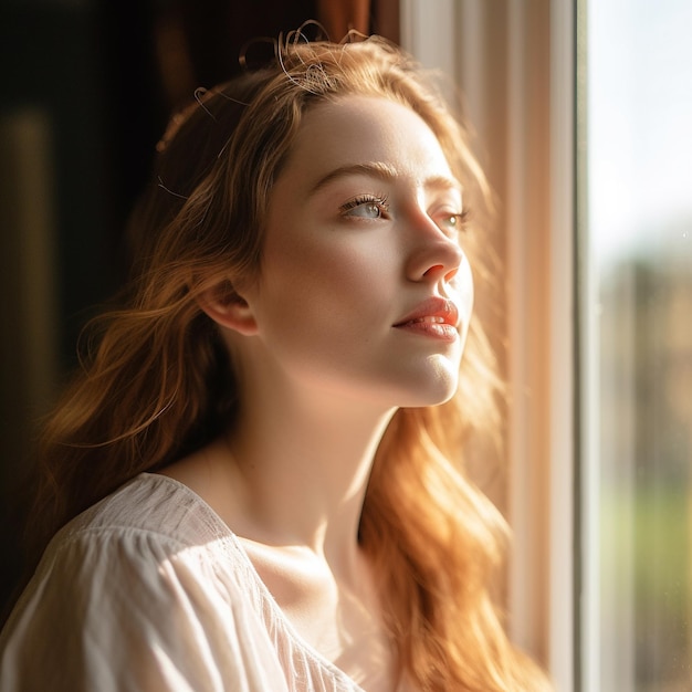 Foto uma mulher olhando pela janela com um céu azul brilhante ao fundo