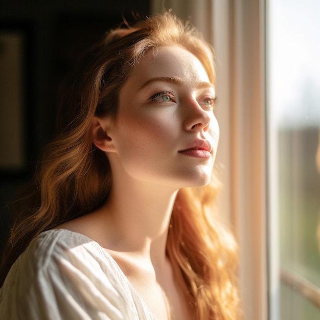 Uma mulher olhando pela janela com um sol brilhando em seu rosto