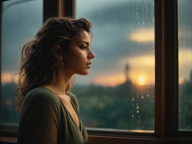 uma mulher olhando por uma janela no pôr do sol com chuva na janela