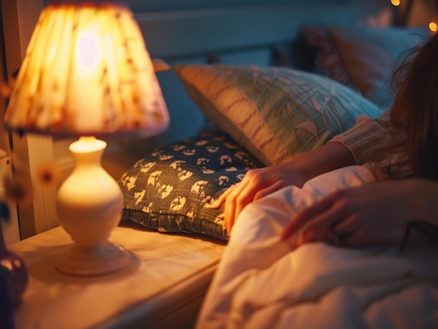 Uma mulher pacífica deita-se na cama apagando suavemente a luz de uma lâmpada suave ao lado dela.