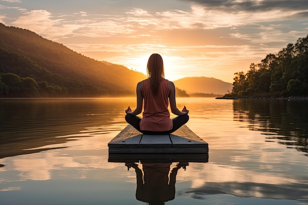 Foto uma mulher pacificamente meditando em uma praia ao pôr-do-sol encontrando serenidade e tranquilidade na bela paisagem