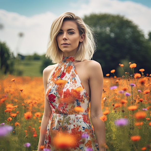 Uma mulher parada em um campo de flores Generative Ai