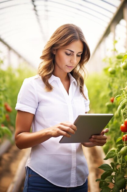 uma mulher parada em uma estufa olhando para um tablet