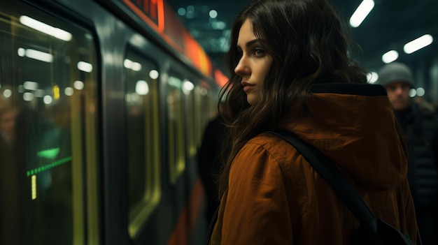 uma mulher parada na frente de um trem do metrô