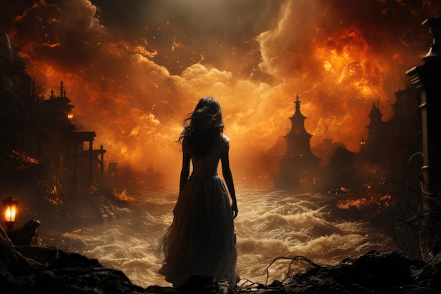 Uma mulher parada na frente de uma cidade em chamas