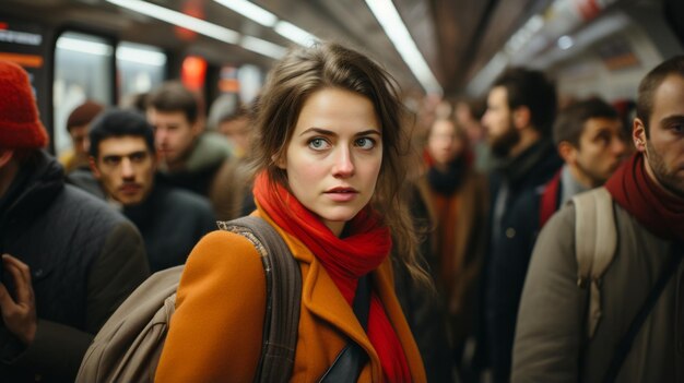 uma mulher parada no metrô com muitas pessoas ao seu redor