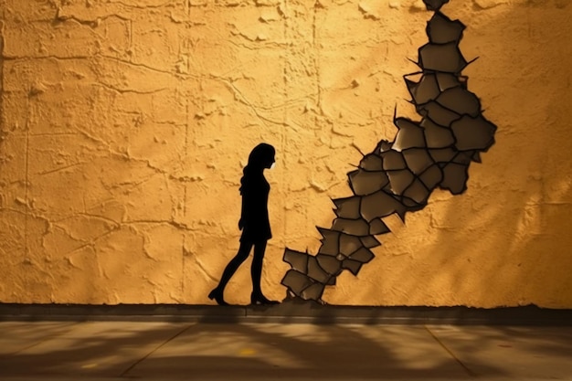 Uma mulher passa por uma rachadura em uma parede que tem uma sombra.