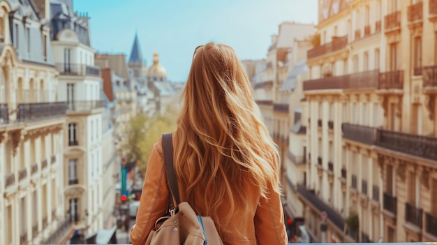 Uma mulher passeando e admirando a paisagem da cidade em uma rua parisiense