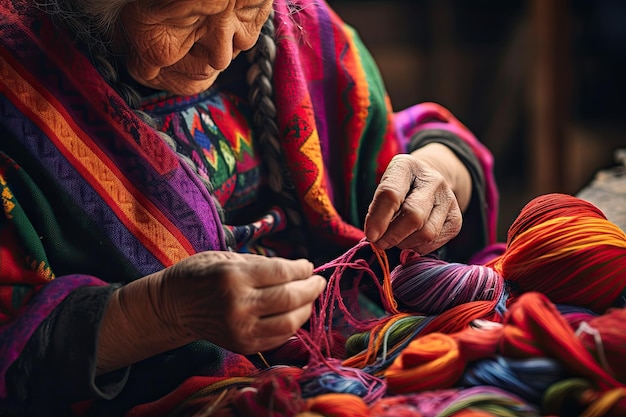 Uma mulher peruana faz meticulosamente tecidos coloridos usando sua agulha e fio