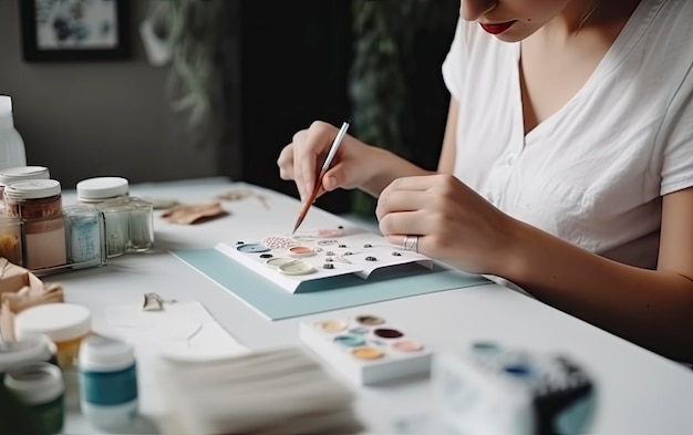 Uma mulher pintando um quadro de uma pintura.