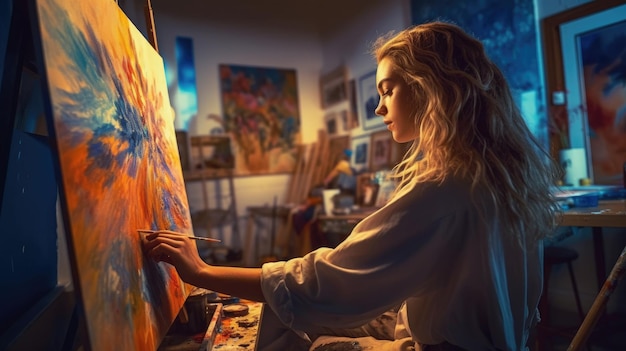 Uma mulher pintando um quadro em um quarto escuro.