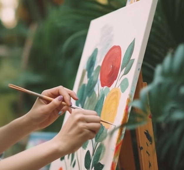 Uma mulher pintando uma flor em uma tela