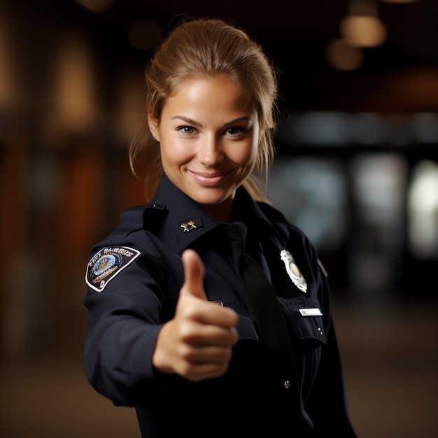 Uma mulher policial mostrando o polegar para cima