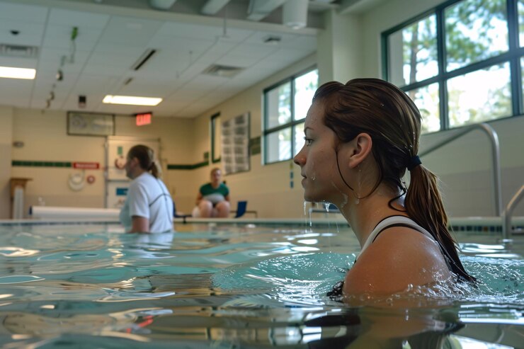 Foto uma mulher pratica terapia aquática em uma piscina coberta serena durante uma sessão de bem-estar