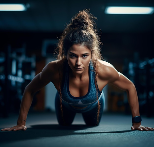 Foto uma mulher praticando flexões em uma academia