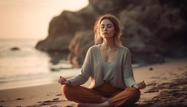 Uma mulher praticando ioga em posição de lótus ao nascer do sol ao ar livre gerada por IA