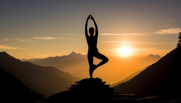 uma mulher praticando ioga no topo de uma montanha com o sol atrás dela