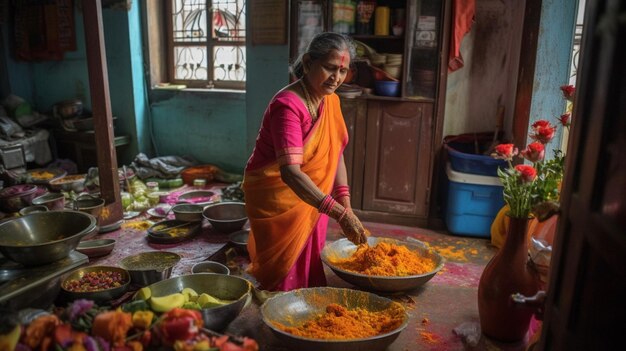 Uma mulher prepara comida em uma cozinha.