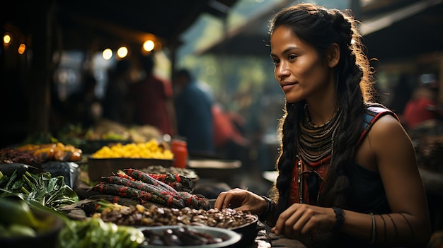uma mulher prepara comida num mercado.
