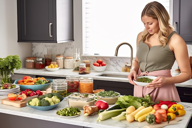 Uma mulher prepara uma salada em um balcão da cozinha cheio