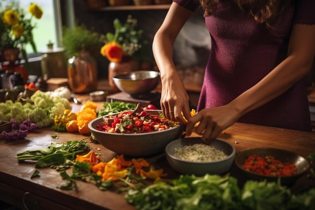 Foto uma mulher prepara uma salada no balcão da cozinha.