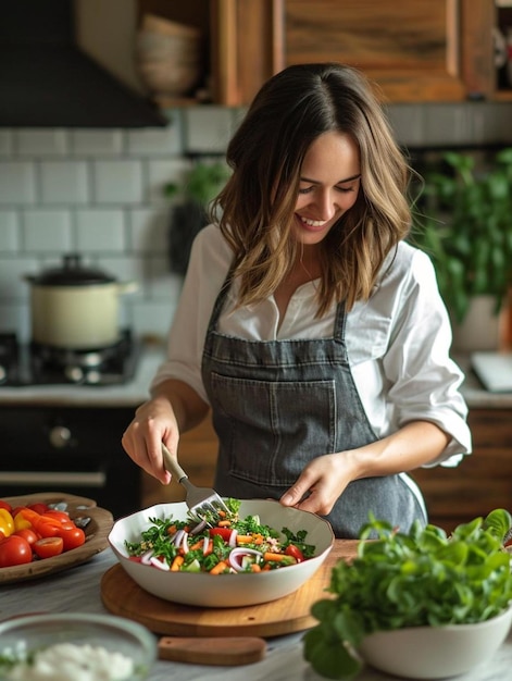 Foto uma mulher preparando uma salada em uma cozinha