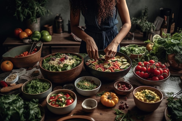 Foto uma mulher preparando vegetais em tigelas em uma mesa de madeira