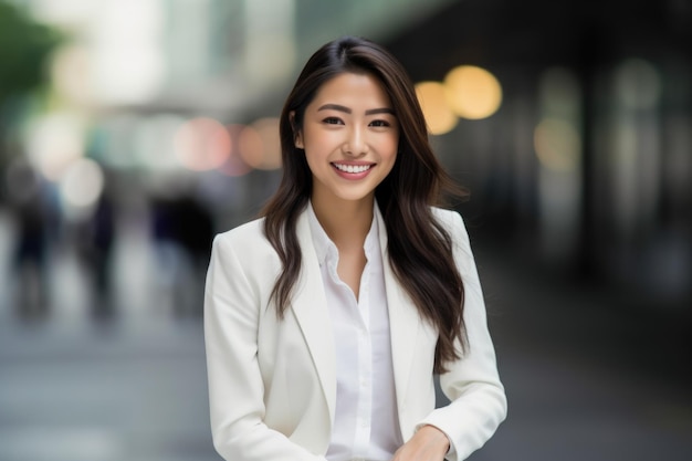 Uma mulher profissional asiática mostra confiança em seu elegante vestido branco formal enquanto sorri
