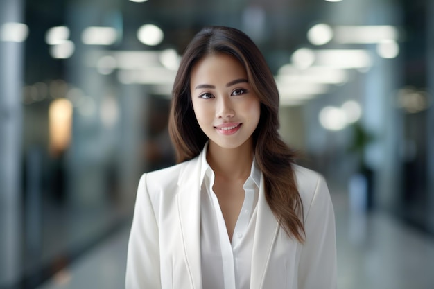 Uma mulher profissional asiática mostra confiança em seu elegante vestido formal branco enquanto ela