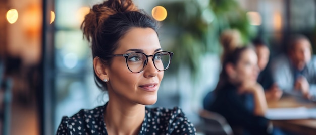 Uma mulher profissional de óculos conversando com colegas num escritório moderno