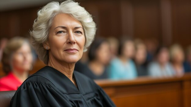 Foto uma mulher profissional em uma túnica judicial senta-se com confiança em uma sala de julgamento com um grupo de pessoas borradas no fundo ai generative