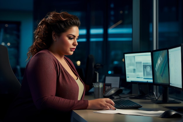 Uma mulher profissional plus size trabalhando no escritório criado com  tecnologia de ia generativa