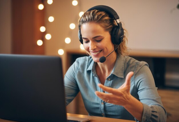 Foto uma mulher profissional sorrindo durante uma videoconferência com uma tela de laptop visível sugere remoto