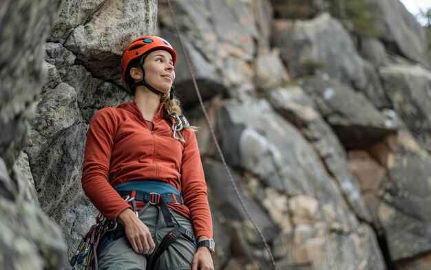 Uma mulher pronta para a subida está de pé com o equipamento de escalada A mulher preparada para a escalada