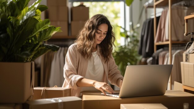 Foto uma mulher proprietária de uma pequena empresa trabalha em seu laptop preparando embalagens estéticas para produtos como caixas para clientes tem um conceito de comércio eletrônico conceito de negócio on-line de pme