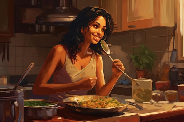 Uma mulher provando sua comida na cozinha