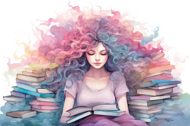 Uma mulher que ama livros retrata livros na cabeça estilo aquarela dia internacional do livro