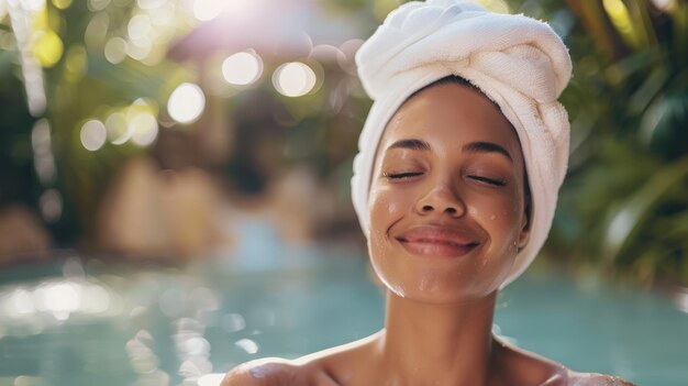 Foto uma mulher que se sente revigorada e rejuvenescida depois de um dia em um spa