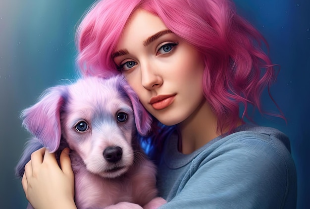uma mulher que tem cabelo rosa e um cachorro em seus braços no estilo do surrealismo fotorrealista