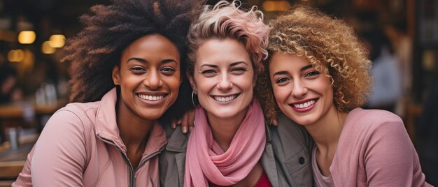 uma mulher queer de meia-idade celebrando o Dia Internacional da Mulher com suas amigas multirraciais