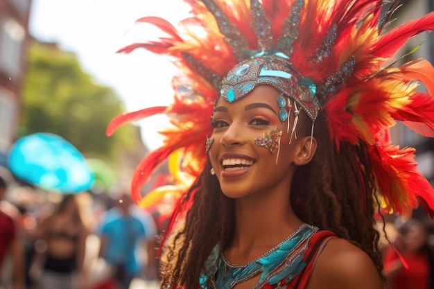Uma mulher radiante de felicidade enquanto usa um chapéu vibrante e animado. Artista do carnaval de Notting Hill.