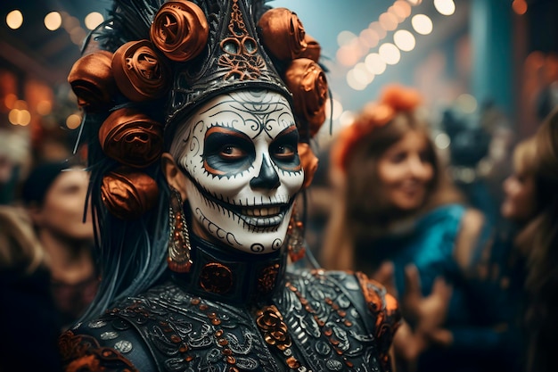 Uma mulher radiante e criativa vestida de caveira em uma emocionante festa à fantasia