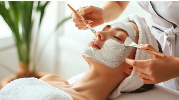 Foto uma mulher recebendo um tratamento facial rejuvenescente em um spa com um terapeuta aplicando uma máscara nutritiva para uma pele radiante e brilhante