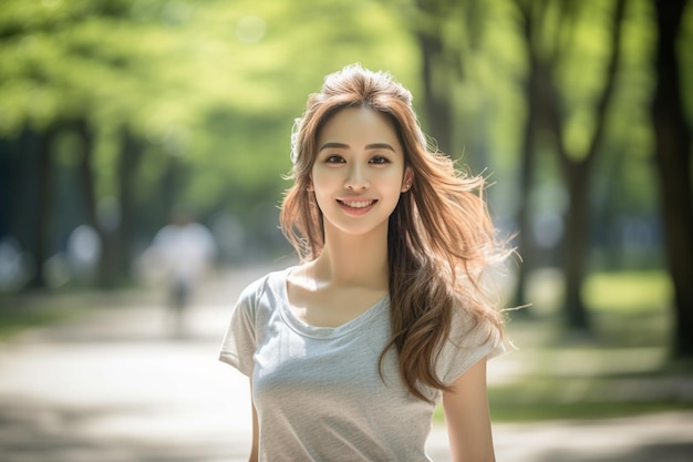 Uma mulher refrescante no parque vestido leve