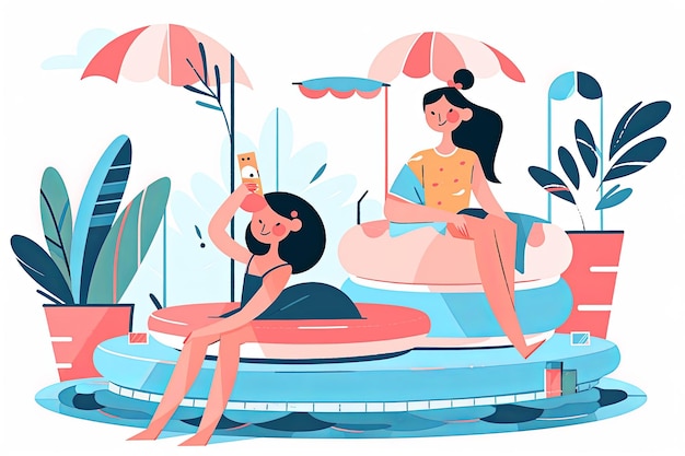 Uma mulher relaxando ao redor de uma piscina nas férias Generative ai