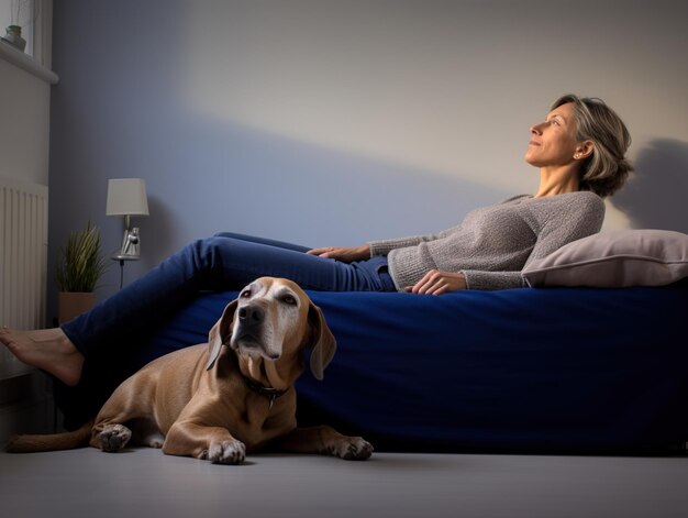 Uma mulher relaxando em um sofá com seu cachorro