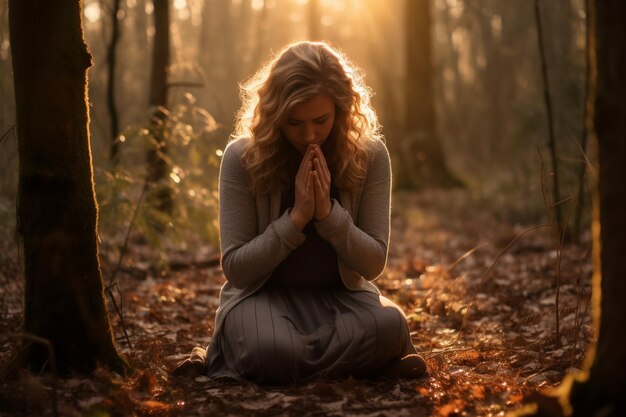 Foto uma mulher reza na floresta com as mãos juntas.